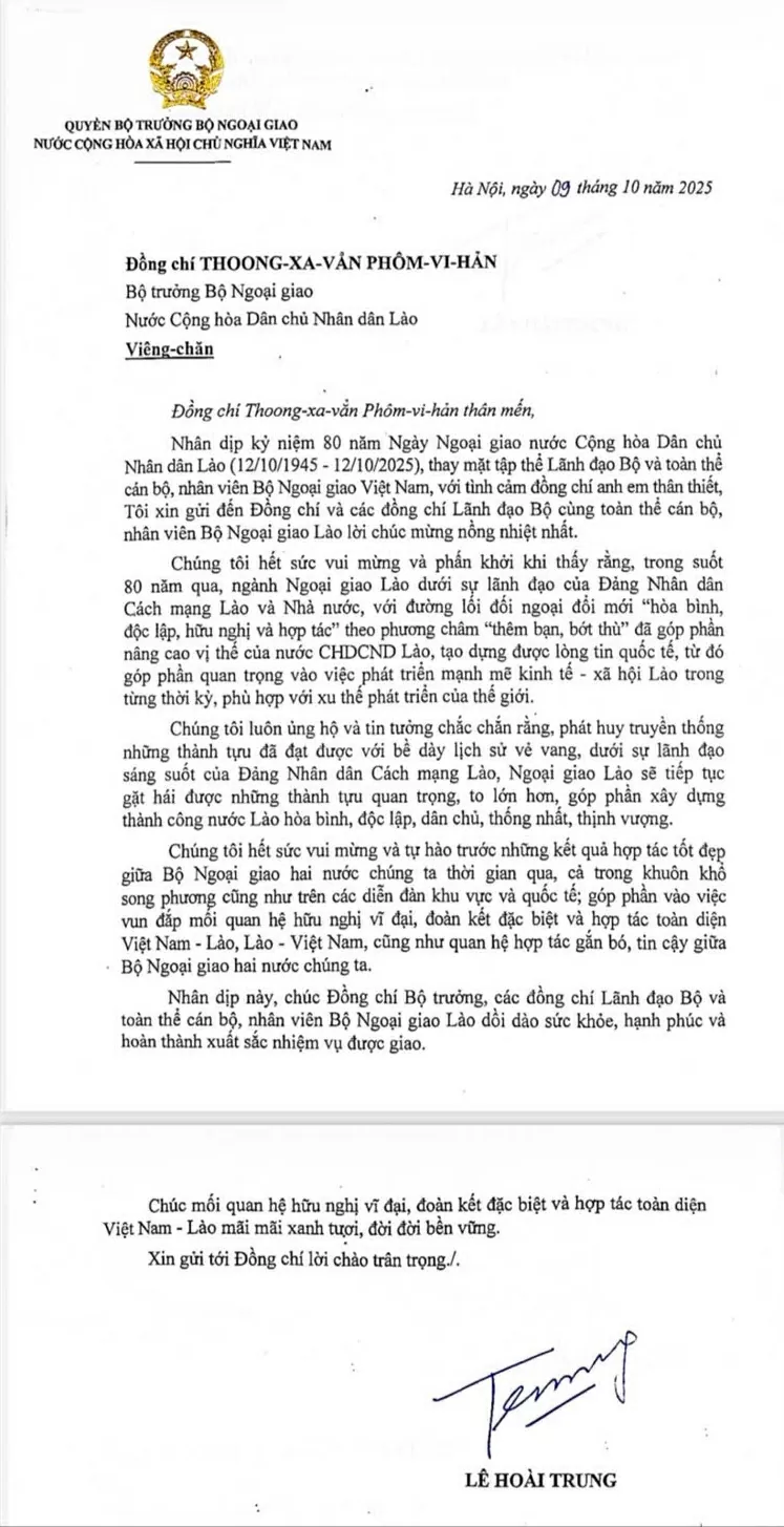Bí thư Trung ương Đảng, Quyền Bộ trưởng Ngoại giao Lê Hoài Trung gửi Thư chúc mừng Bộ trưởng Ngoại giao Lào Thongsavanh Phomvihane Bí thư Trung ương Đảng, Quyền Bộ trưởng Ngoại giao Lê Hoài Trung gửi Thư chúc mừng Bộ trưởng Ngoại giao Lào Thongsavanh Phomvihane