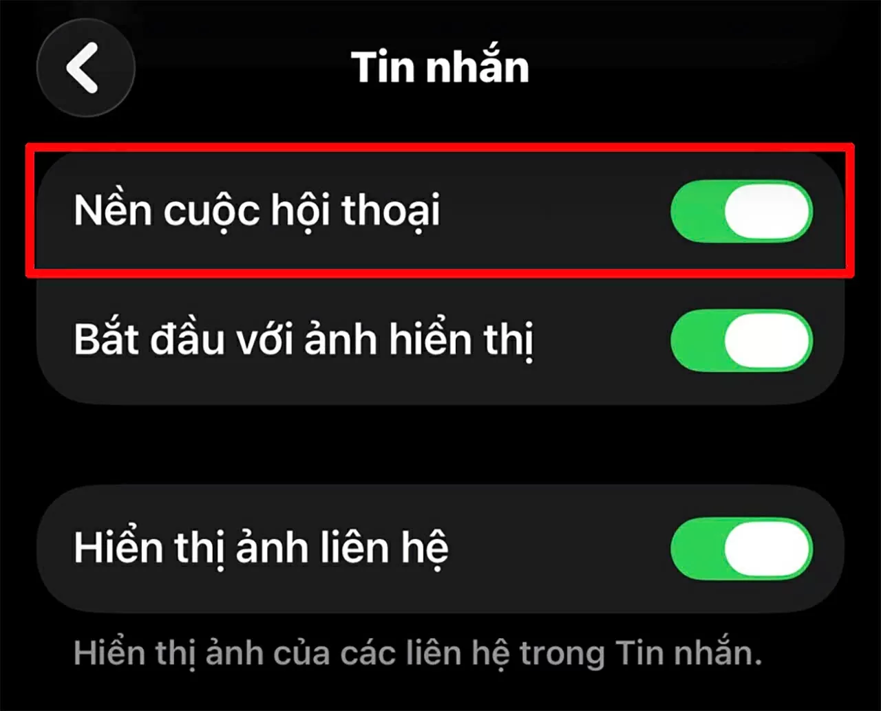 Cuộn xuống và bật Nền cuộc hội thoại để kích hoạt tính năng. Cuộn xuống và bật Nền cuộc hội thoại để kích hoạt tính năng.