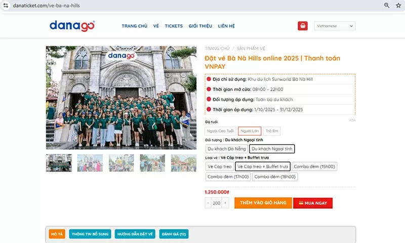 Người dùng dễ dàng chọn loại vé tham quan phù hợp ngay trên nền tảng Danaticket.com.
