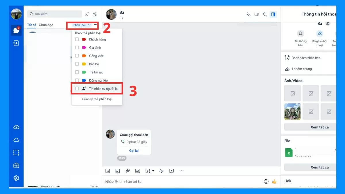 Chọn mục Phân loại tin nhắn.