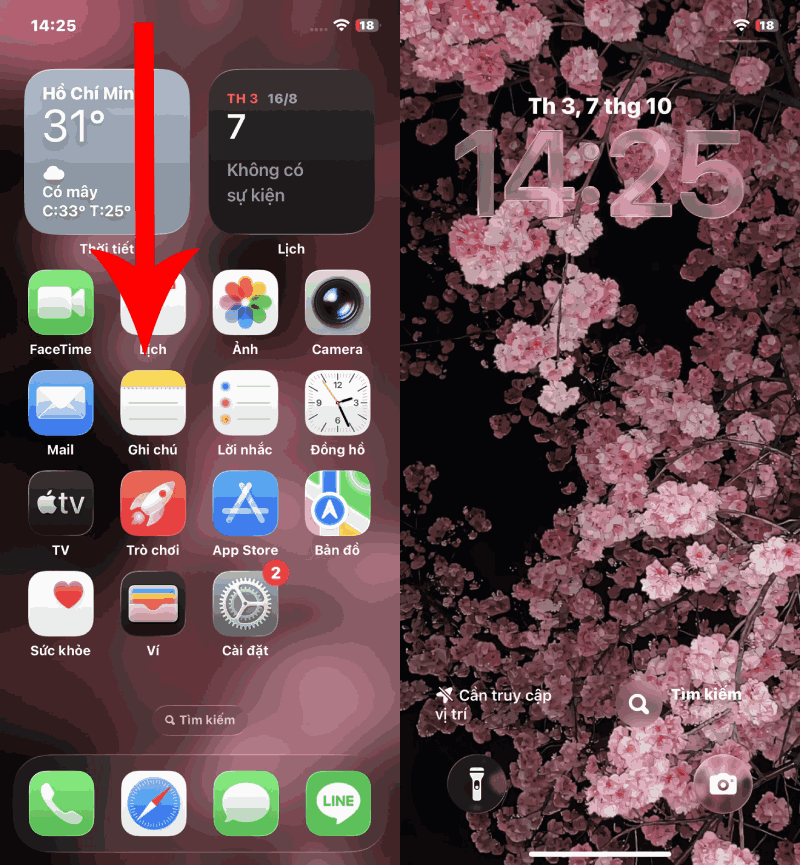 Trên màn hình chính, hãy vuốt từ mép trên xuống để mở giao diện màn hình khóa.. Trên màn hình chính, hãy vuốt từ mép trên xuống để mở giao diện màn hình khóa..
