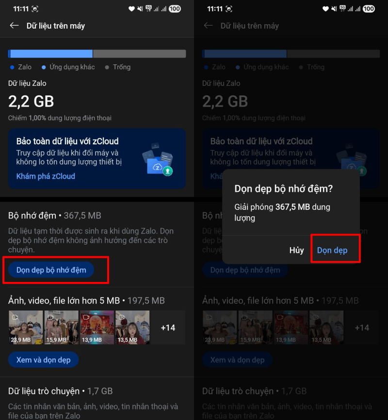 Kiểm tra dung lượng và dọn dẹp bộ nhớ đệm.