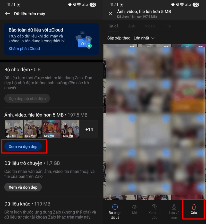 Chọn dữ liệu muốn xóa trong cuộc trò chuyện.