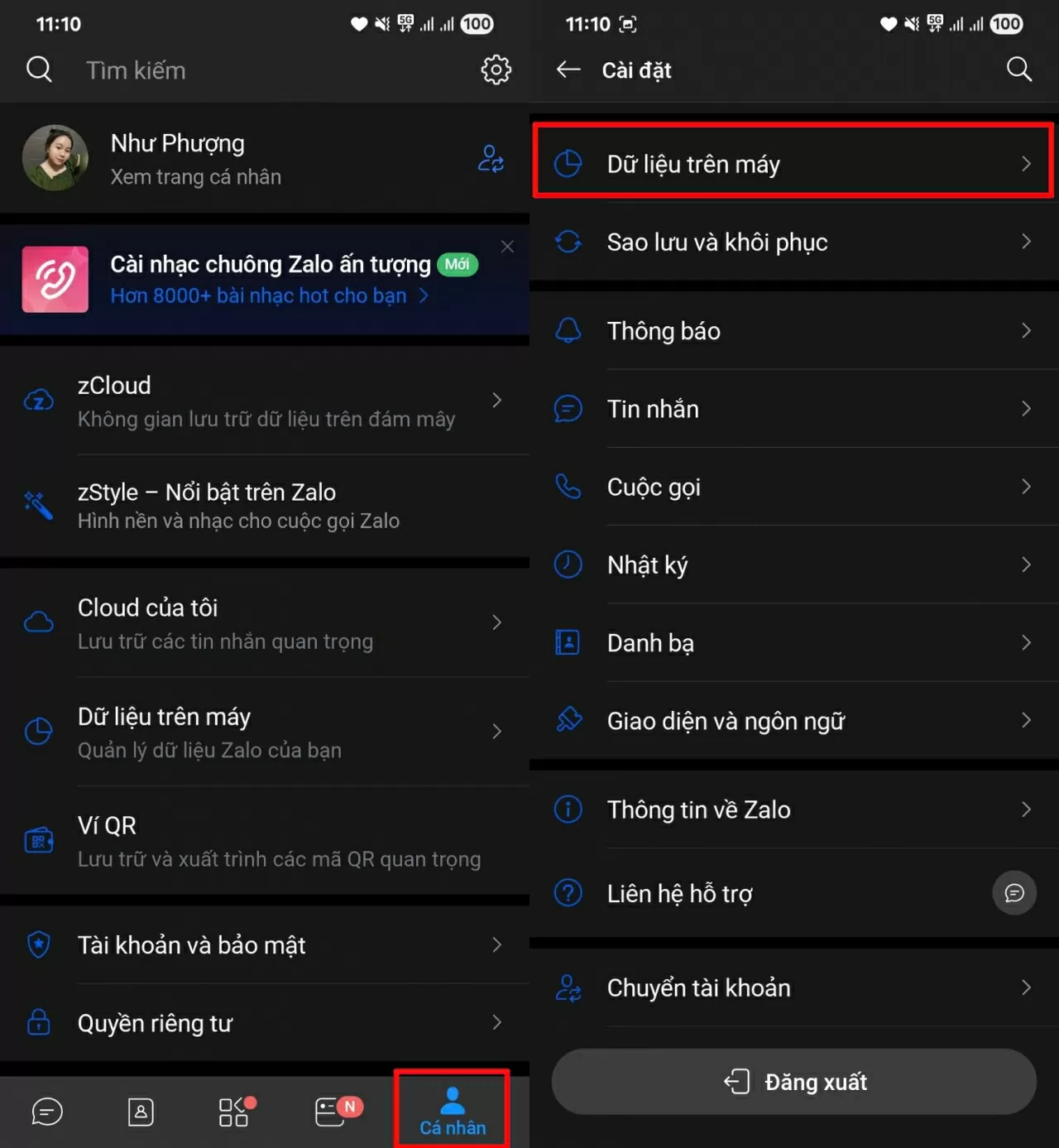 Mở ứng dụng Zalo và truy cập phần Dung lượng.