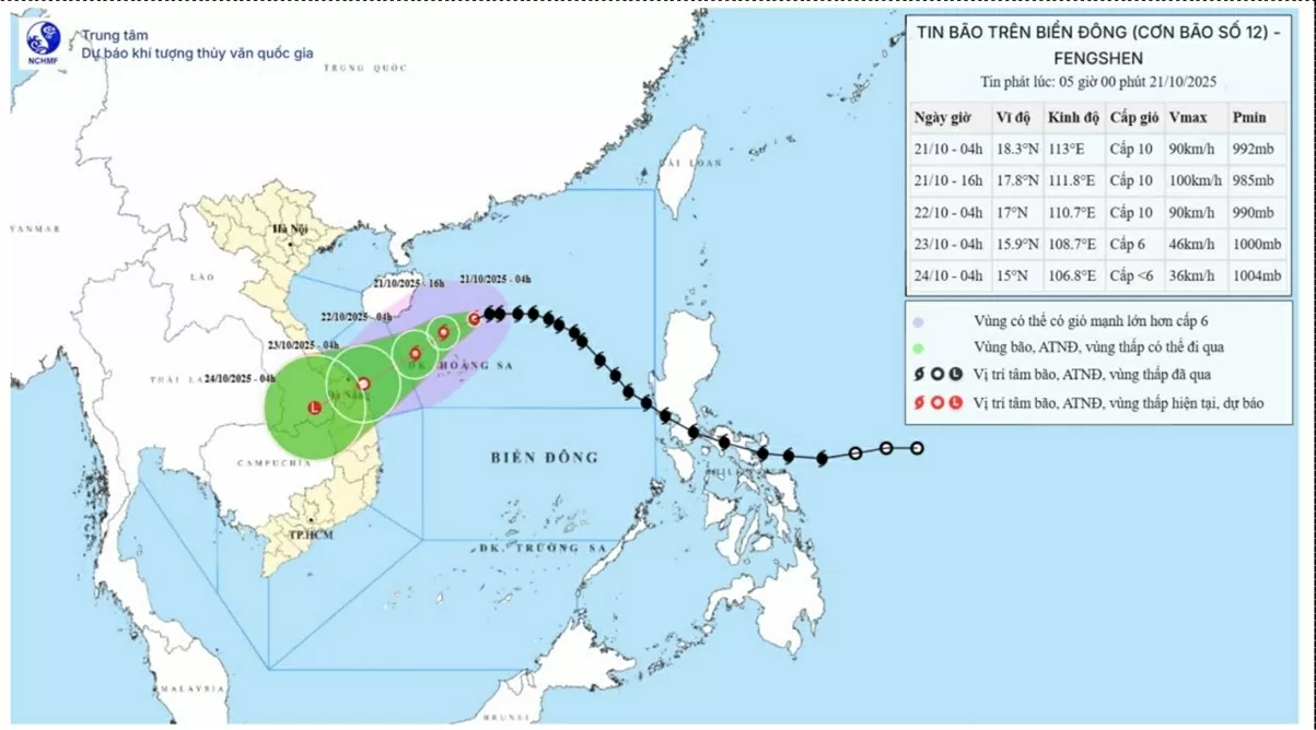 Bão số 12 duy trì cường độ cấp 12 khi di chuyển trên vùng biển đặc khu Hoàng Sa, gần tâm bão sóng cao 5-7m, Trung Bộ mưa lớn đến hết tháng 10