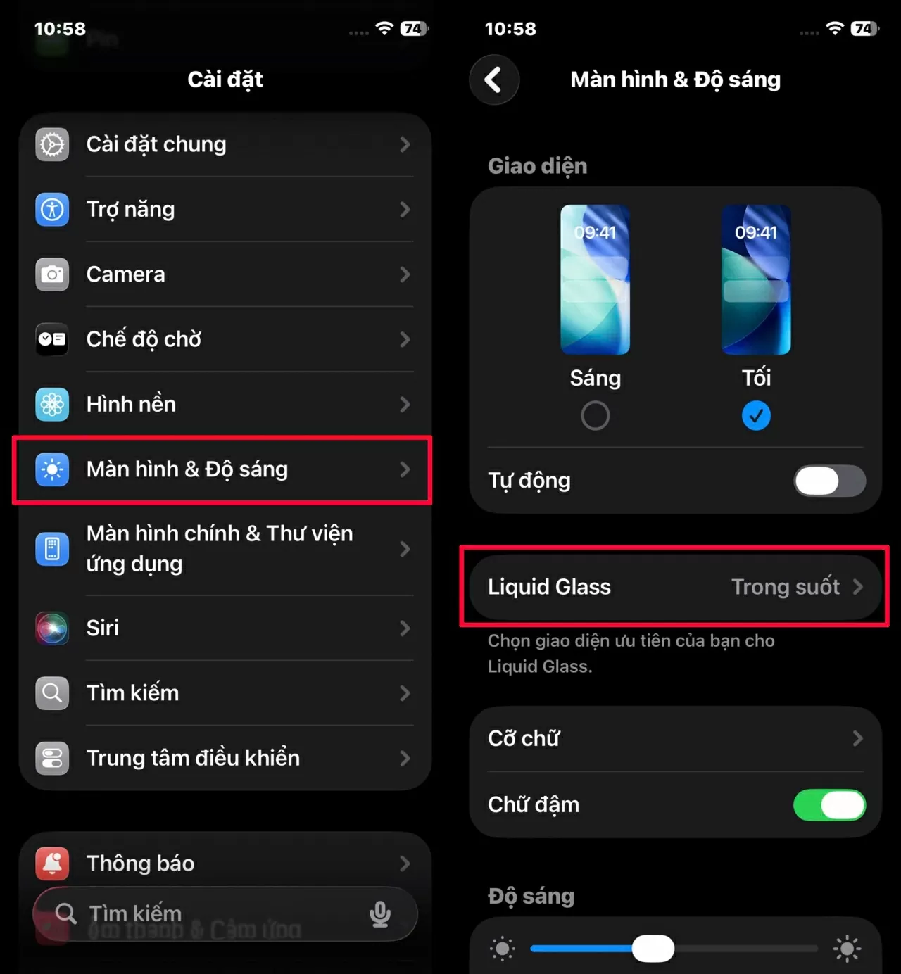 Vào lại Cài đặt → Màn hình & độ sáng.