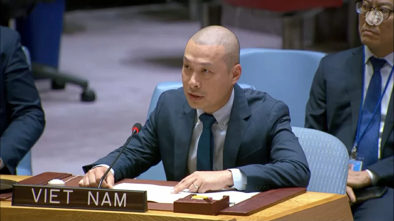 Đại biện lâm thời Nguyễn Hoàng Nguyên phát biểu tại phiên thảo luận về tình hình Trung Đông của HĐBA LHQ. (Nguồn: Phái đoàn Việt Nam tại Liên hợp quốc)