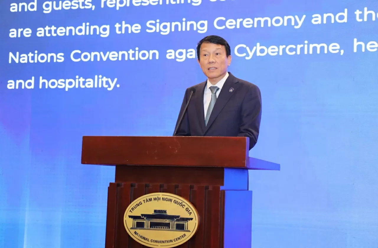 Ủy viên Bộ Chính trị, Bộ trưởng Bộ Công an Lương Tam Quang phát biểu tại tiệc chiêu đãi.