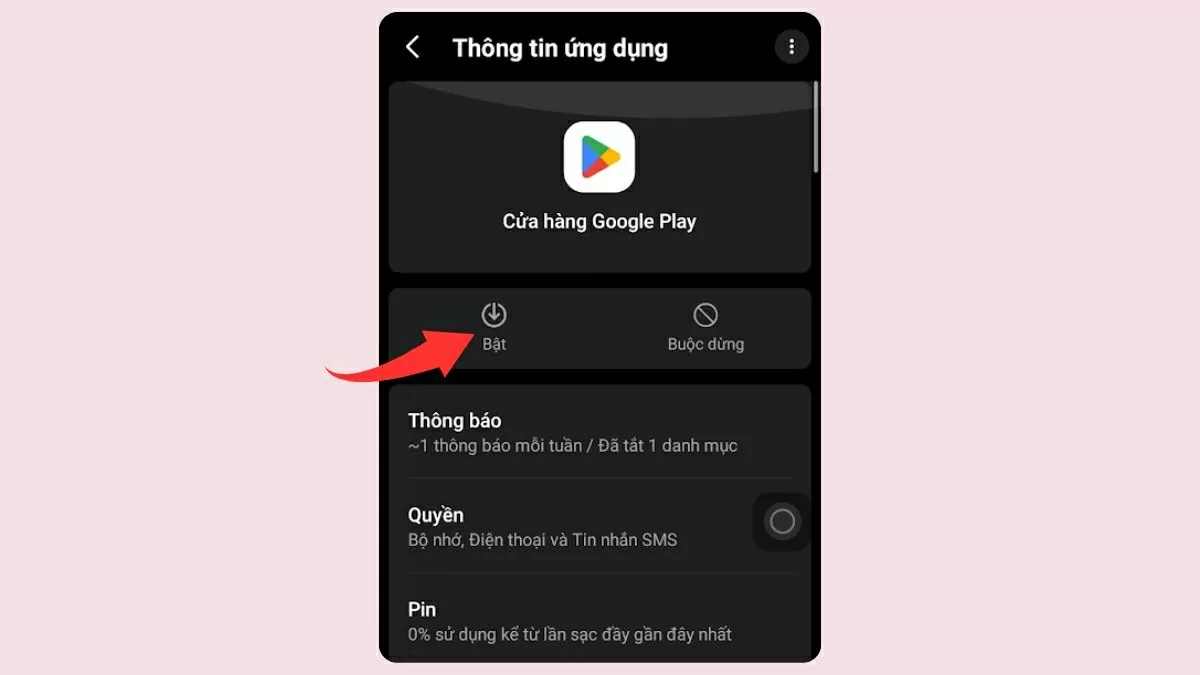 Nhấn Bật để kích hoạt lại ứng dụng..