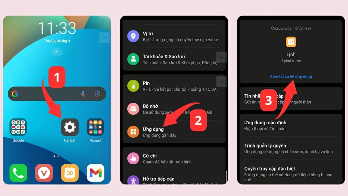 Mở Cài đặt → chọn Ứng dụng → Xem tất cả ứng dụng.. Mở Cài đặt → chọn Ứng dụng → Xem tất cả ứng dụng..
