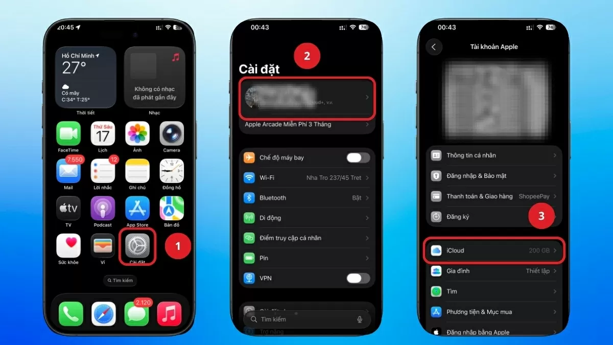 Mở cài đặt iCloud. Mở cài đặt iCloud.