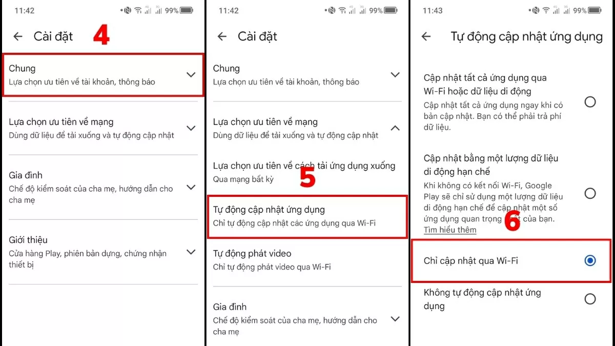 Tiếp tục vào Chung, rồi chọn Tự động cập nhật ứng dụng..