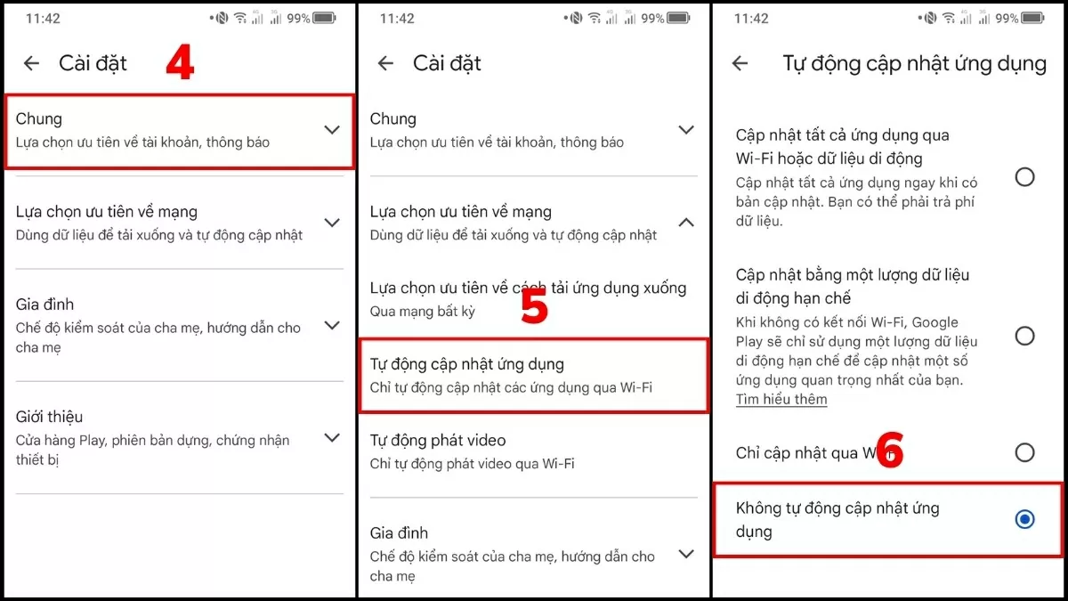 Tích chọn Không tự động cập nhật ứng dụng, sau đó nhấn Xong để lưu thay đổi.. Tích chọn Không tự động cập nhật ứng dụng, sau đó nhấn Xong để lưu thay đổi..