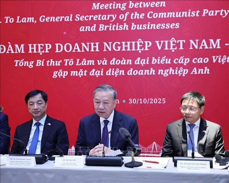 Tổng Bí thư Tô Lâm phát biểu tại Toạ đàm Doanh nghiệp Việt Nam - Anh quốc - Ảnh: TTXVN