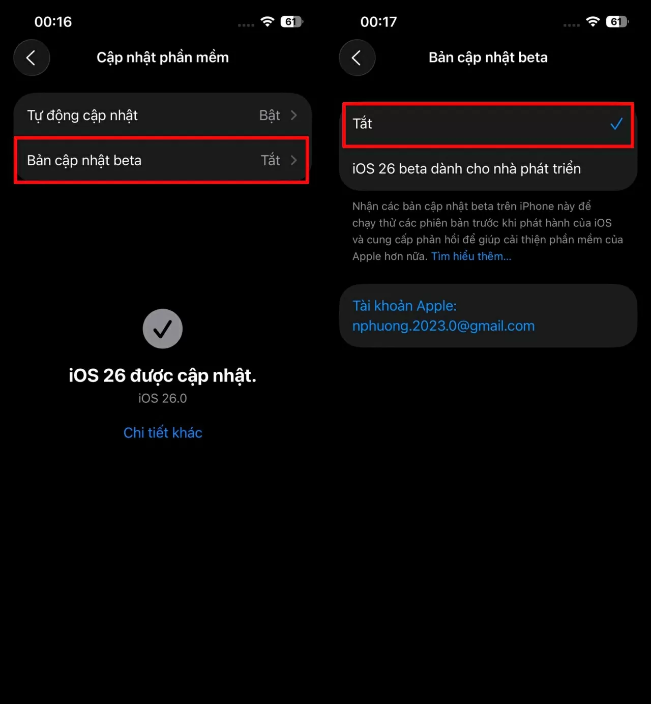 Tiếp theo, chọn Bản cập nhật Beta và gạt nút sang Tắt để ngừng nhận các bản thử nghiệm. 