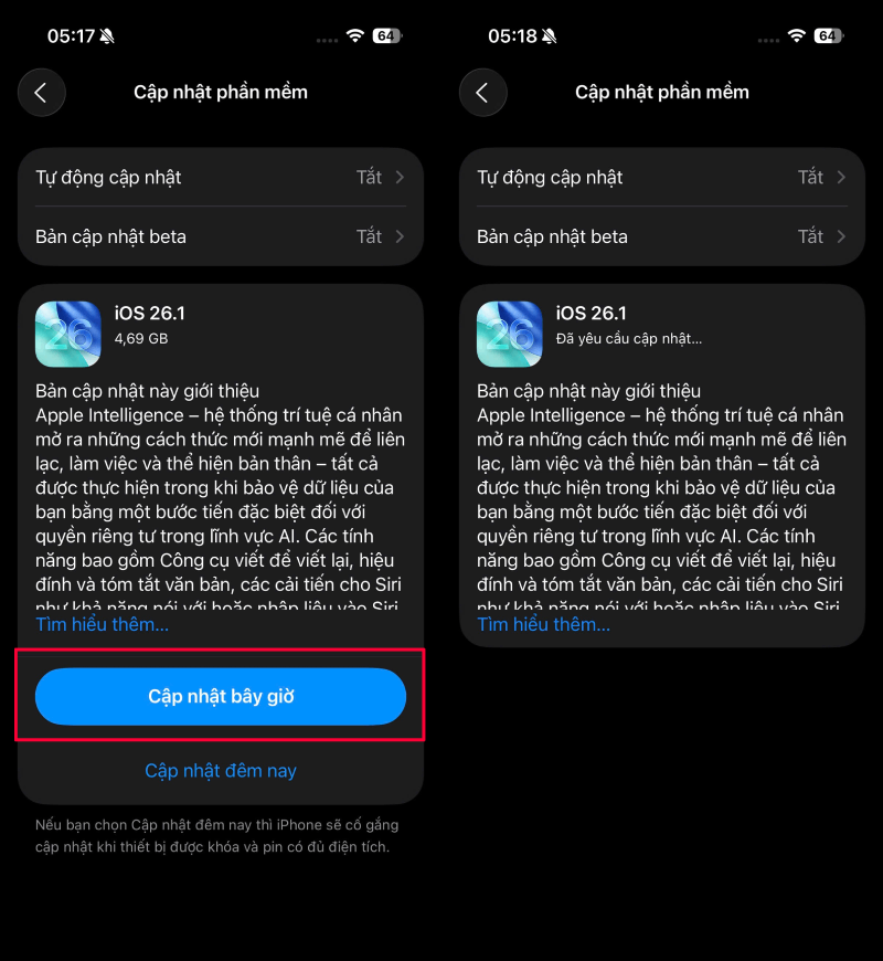 Trong giao diện Cập nhật phần mềm, chọn iOS 26.1 bản chính thức, sau đó nhấn Tải về và cài đặt. Trong giao diện Cập nhật phần mềm, chọn iOS 26.1 bản chính thức, sau đó nhấn Tải về và cài đặt.