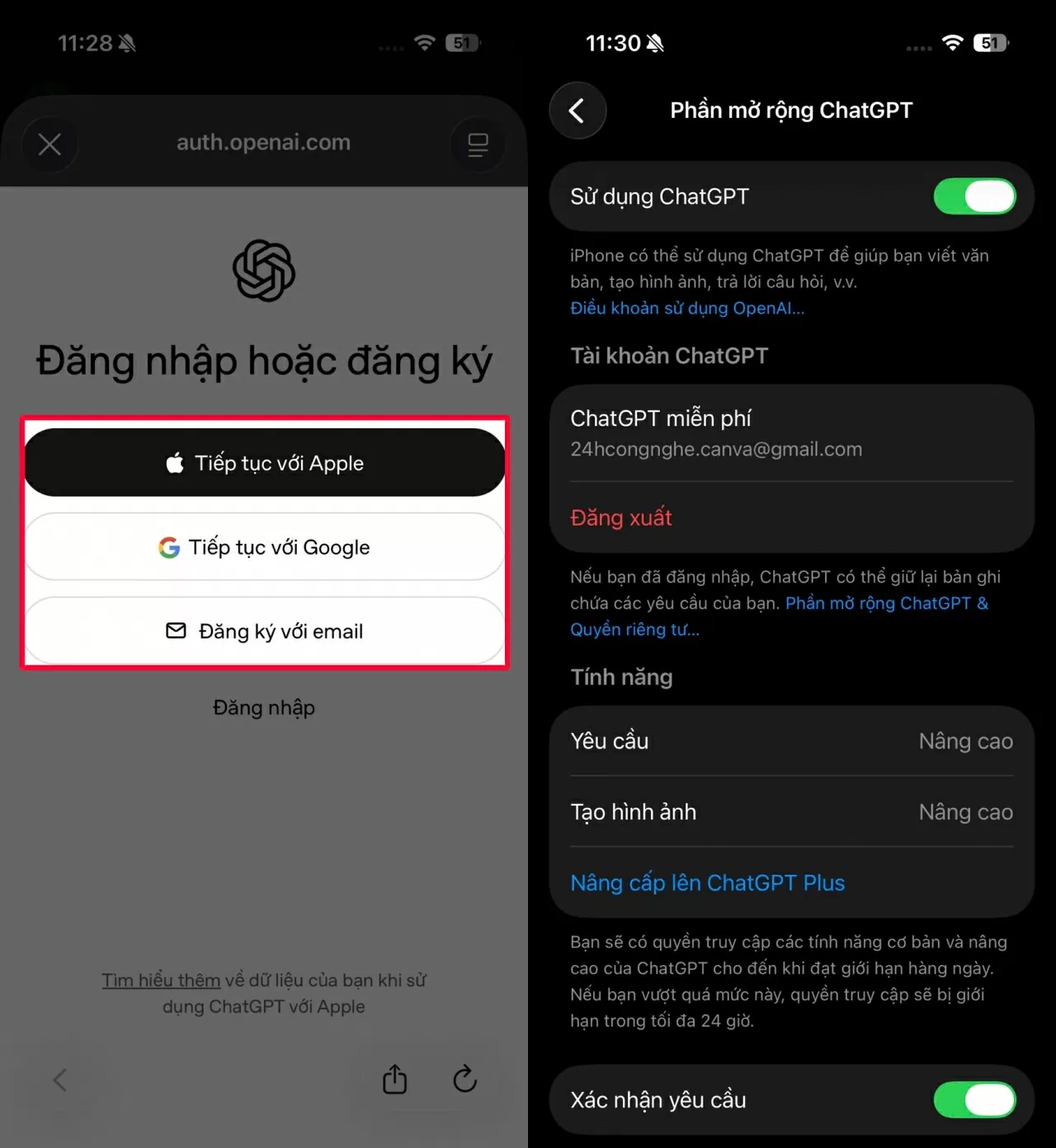Cuối cùng, đăng nhập tài khoản ChatGPT bằng Apple ID hoặc Google