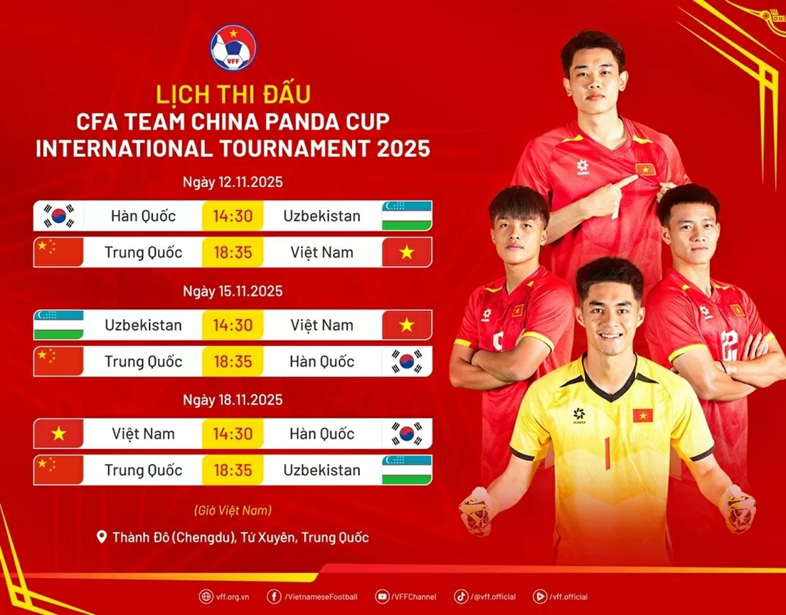 Lịch thi đấu của U22 Việt Nam tại giải bóng đá quốc tế CFA Team China Panda Cup 2025 (12-18/11)