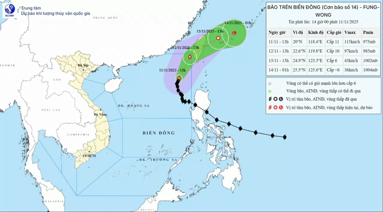 Bão số 14 suy yếu dần, sắp thành áp thấp nhiệt đới trên vùng biển phía Đông Bắc của Đài Loan (Trung Quốc)