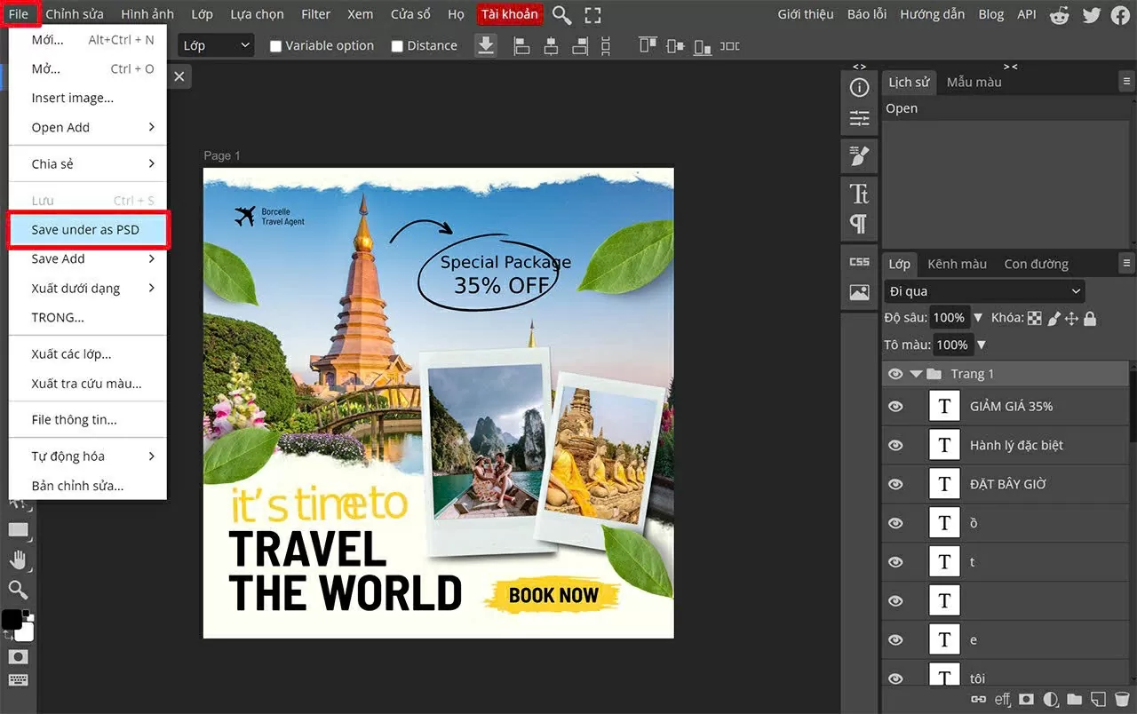 Khi file PDF đã được mở trên Photopea, nhấn vào File.
