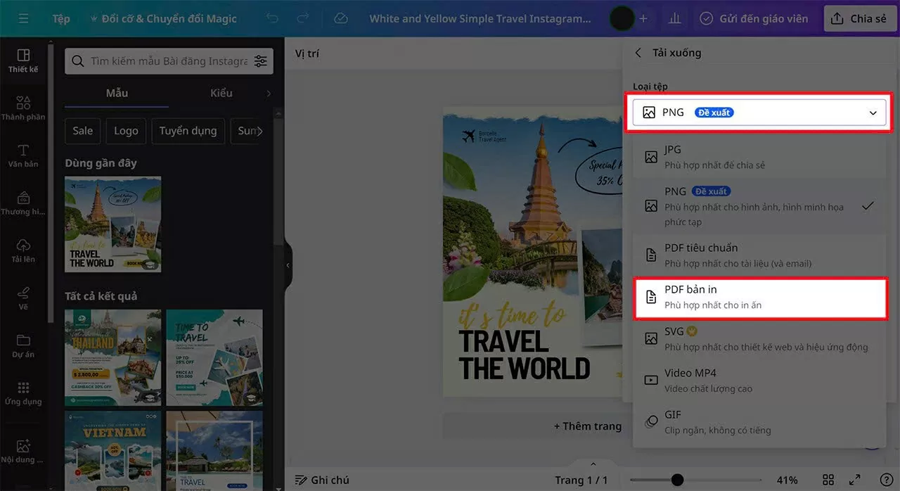Trong mục tải xuống, nhấn vào Loại tệp (dấu mũi tên xuống) và chọn PDF bản in.