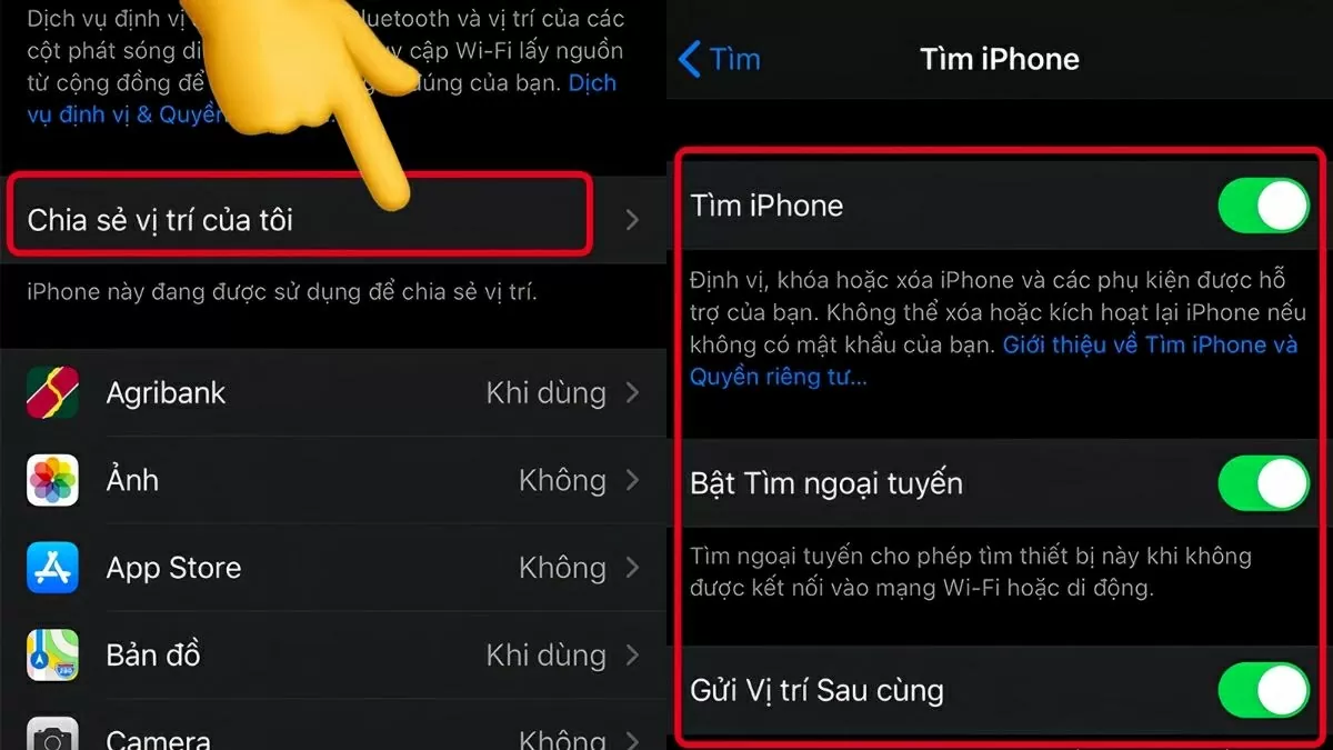 Trong mục Dịch vụ định vị, chọn Chia sẻ vị trí của tôi để kích hoạt.