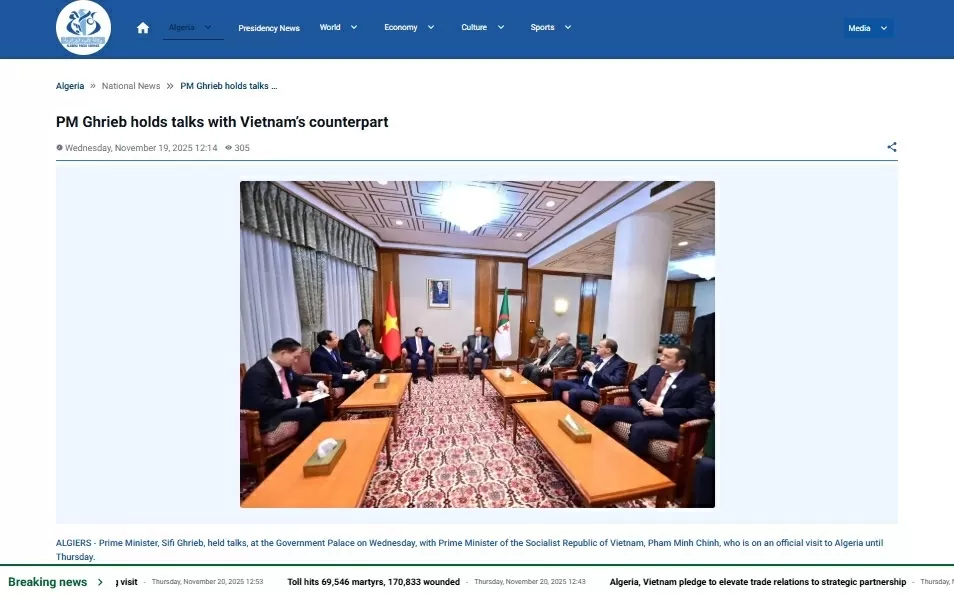 Truyền thông Algeria đưa tin đậm nét về chuyến thăm của Thủ tướng Phạm Minh Chính Truyền thông Algeria đưa tin đậm nét về chuyến thăm của Thủ tướng Phạm Minh Chính