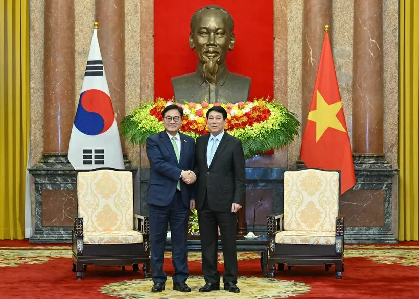 Chủ tịch nước Lương Cường hội kiến Chủ tịch Quốc hội Hàn Quốc Woo Won Shik. (Ảnh: Thủy Nguyên)