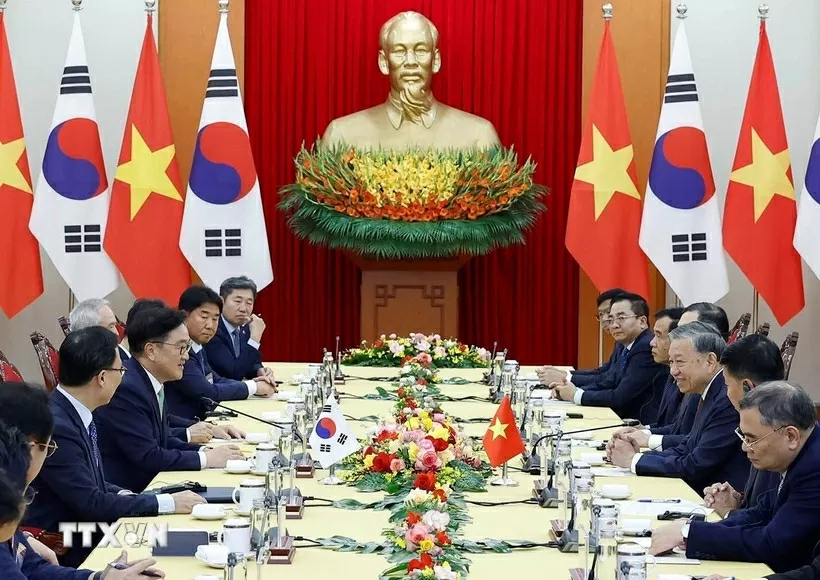 Tổng Bí thư Tô Lâm tiếp Chủ tịch Quốc hội Đại Hàn Dân Quốc Woo Won Shik. (Ảnh: Thống Nhất/TTXVN)
