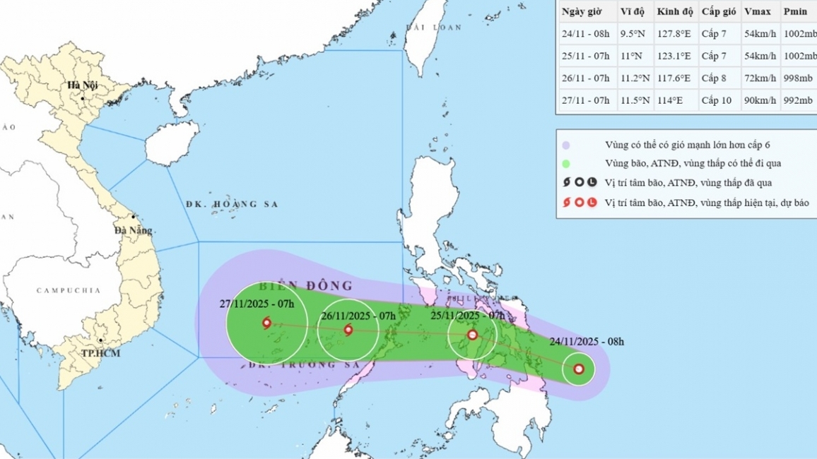 Áp thấp nhiệt đới gần Biển Đông có khả năng mạnh thành bão; không khí lạnh tăng cường, Bắc Bộ trời rét, Huế, Đà Nẵng có mưa rất to