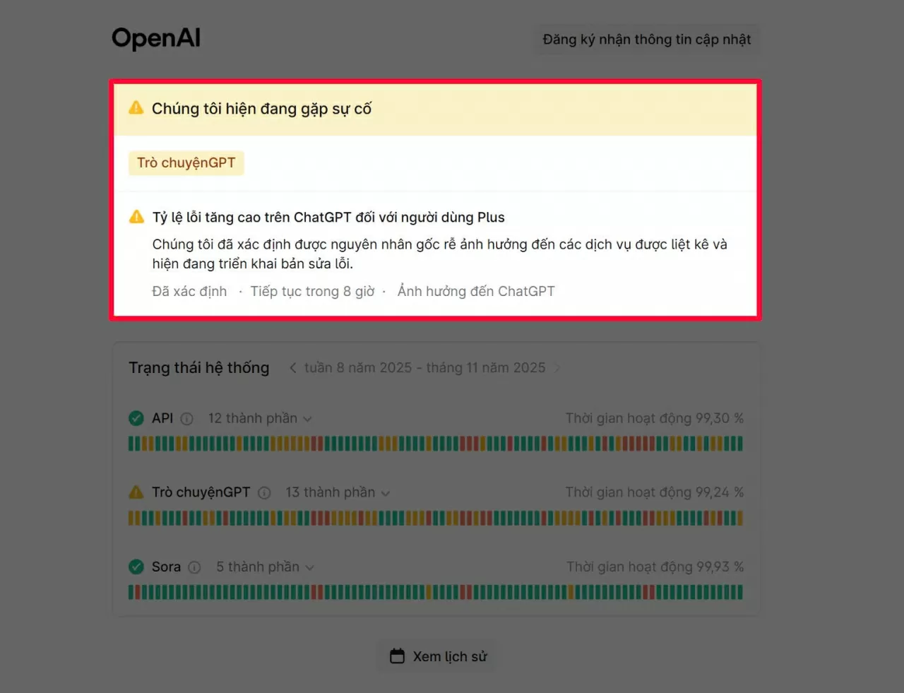 Kiểm tra trạng thái máy chủ OpenAI.