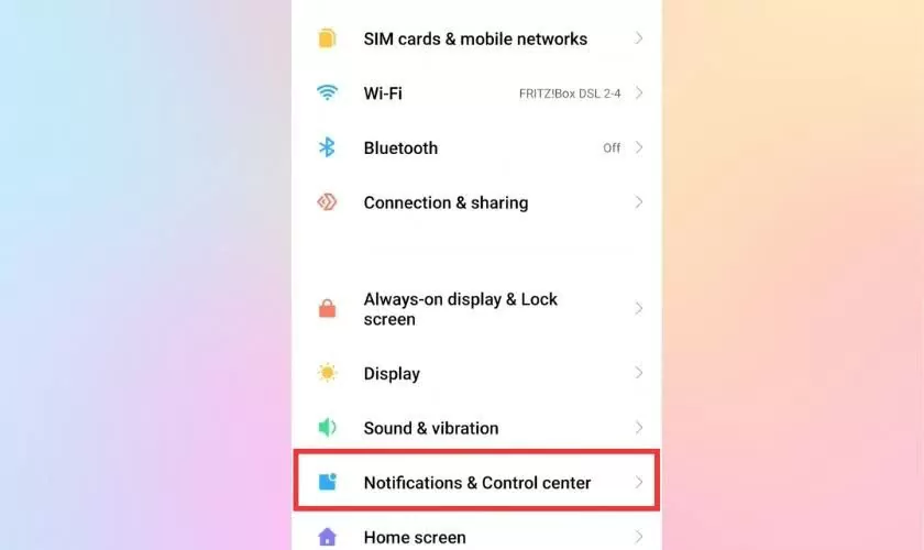 Chọn mục Thông báo & Trung tâm điều khiển.