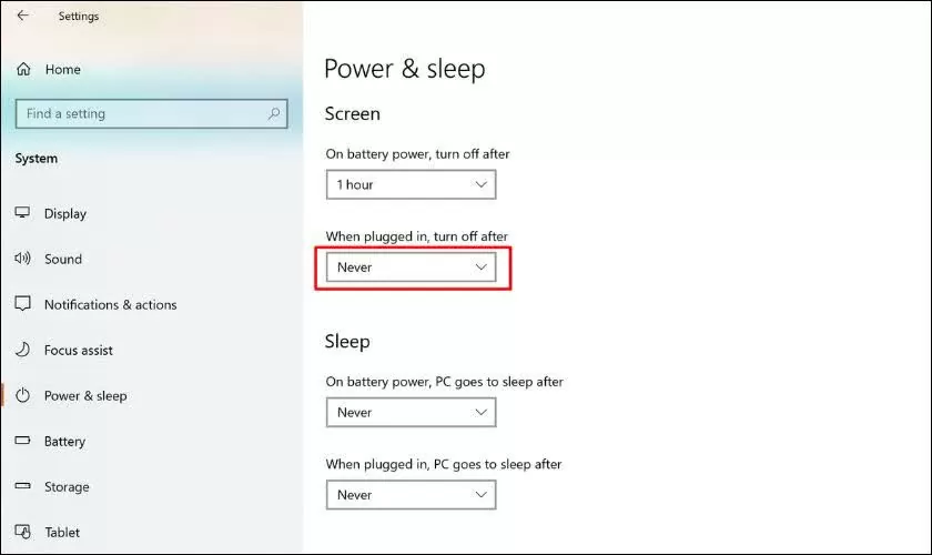 Thiết lập Never cho màn hình khi cắm sạc.