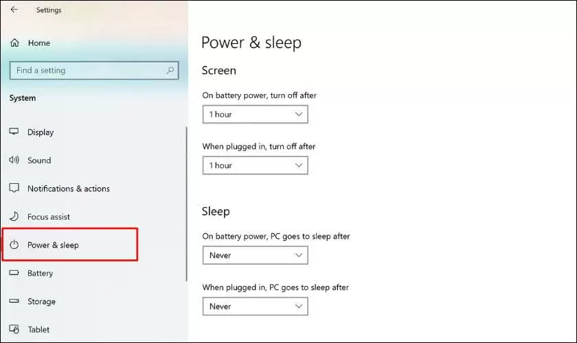 Chọn Power & Sleep. Chọn Power & Sleep.