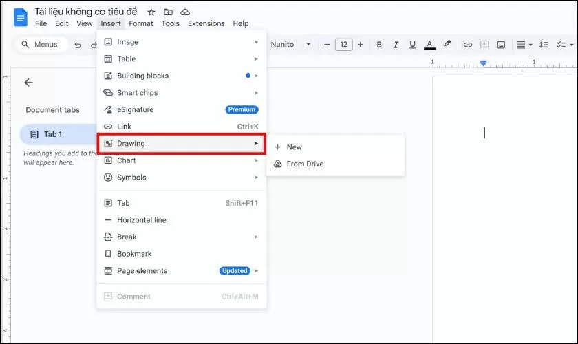 Chọn Insert → Drawing → New.