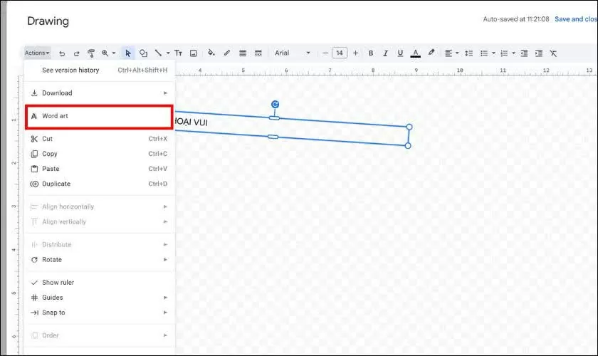 Trong cửa sổ Drawing, hãy nhấp vào biểu tượng WordArt hình chữ A trên thanh công cụ.