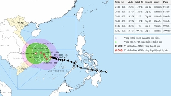 Dự báo tác động của bão số 15: Gần sáng và ngày 28/11, vùng biển ngoài khơi Gia Lai đến Khánh Hòa gió tăng dần cấp 8, biển động mạnh