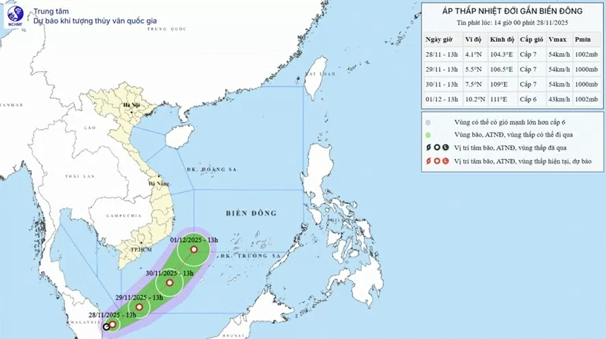 Áp thấp nhiệt đới ven biển phía Đông Malaysia có khả năng đi vào vùng biển phía Tây Nam khu vực Nam Biển Đông