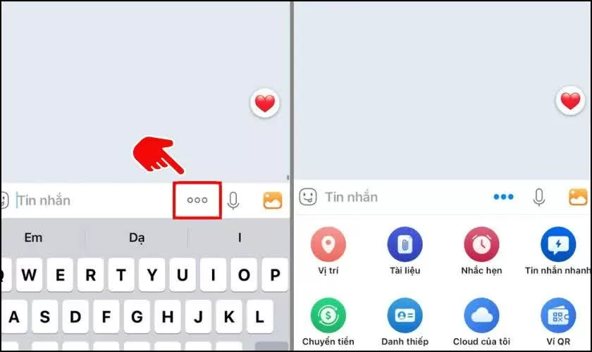 Nhấn vào biểu tượng 3 chấm dưới khung nhập tin nhắn để mở các tính năng mở rộng.
