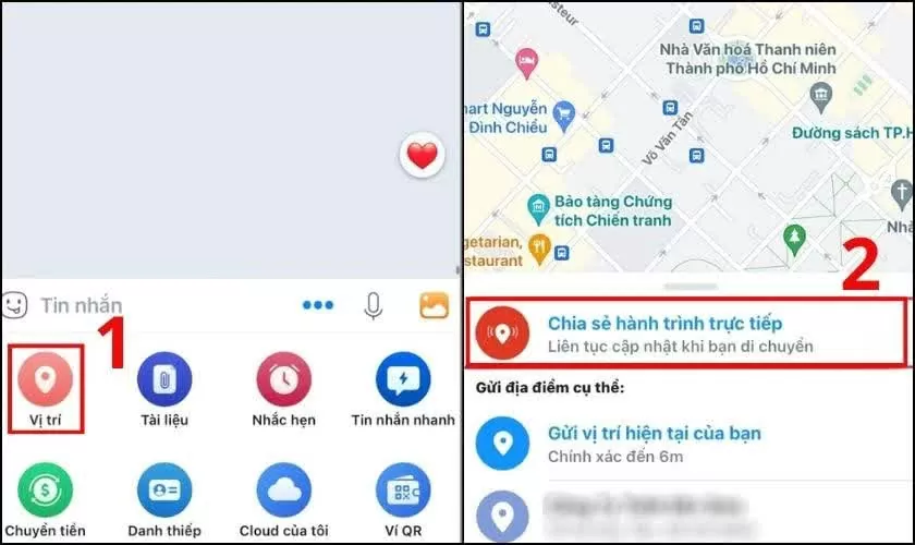 Trong menu hiển thị, chọn Vị trí, sau đó nhấn Chia sẻ hành trình trực tiếp.