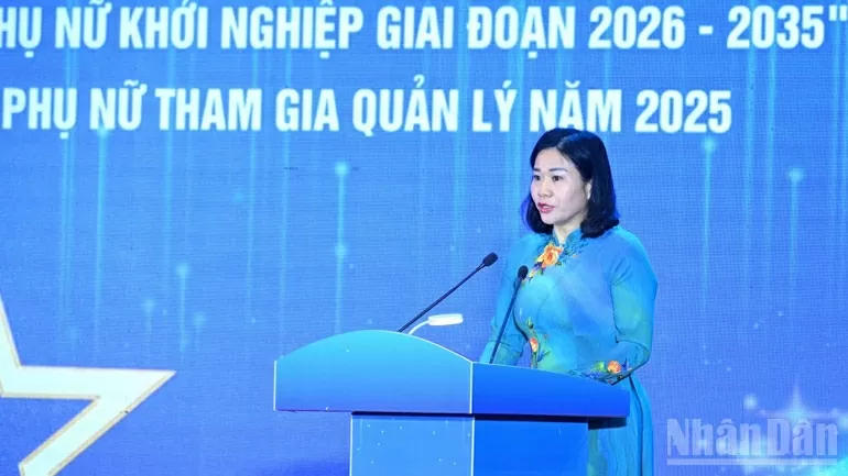 Chủ tịch Hội Liên hiệp Phụ nữ Việt Nam Nguyễn Thị Tuyến phát biểu tại Hội nghị. (Ảnh: Trần Hải)