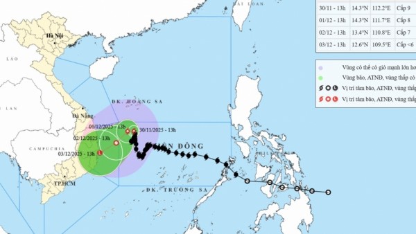 Dự báo, đến khoảng ngày 3/12, bão số 15 suy yếu thành vùng áp thấp trên vùng ven biển từ Gia Lai đến Khánh Hoà