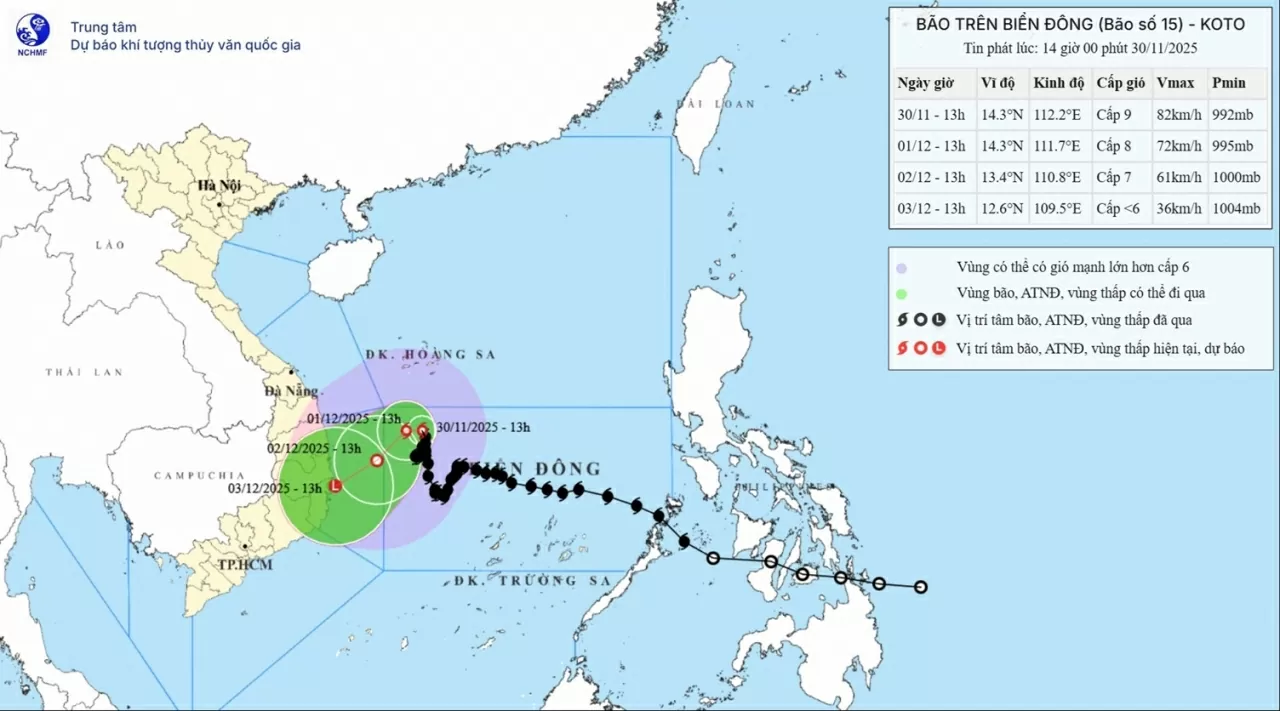 Dự báo, đến khoảng ngày 3/12, bão số 15 suy yếu thành vùng áp thấp trên vùng ven biển từ Gia Lai đến Khánh Hoà
