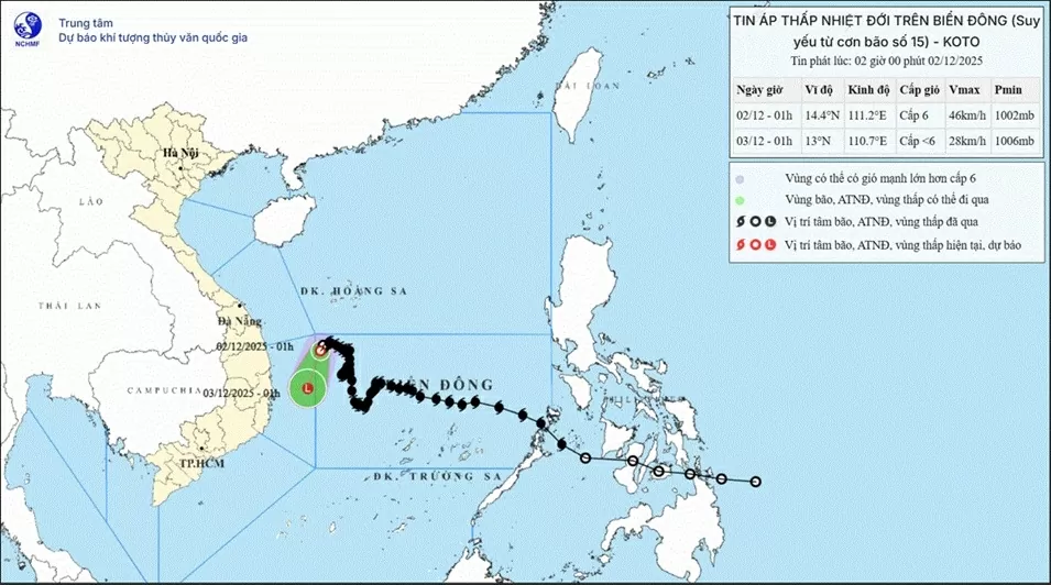 Áp thấp nhiệt đới sẽ suy yếu thành một vùng áp thấp trên vùng biển tỉnh Đắk Lắk-Khánh Hòa, gió dưới cấp 6