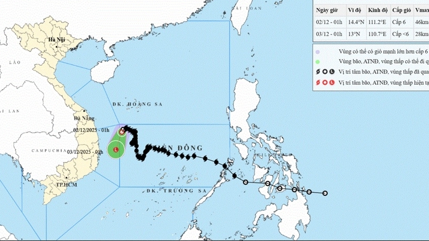 Áp thấp nhiệt đới suy yếu thành vùng áp thấp trên khu vực biển Đắk Lắk-Khánh Hòa, gió dưới cấp 6
