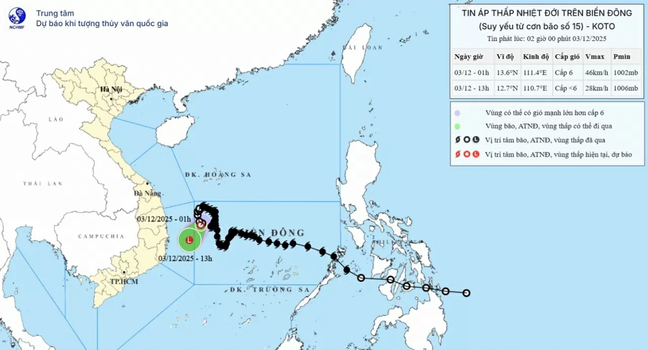 Áp thấp nhiệt đới di chuyển chậm theo hướng Nam Tây Nam; vùng biển ngoài khơi tỉnh Gia Lai - Đắk Lắk gió giật cấp 8, sóng cao 2-4m