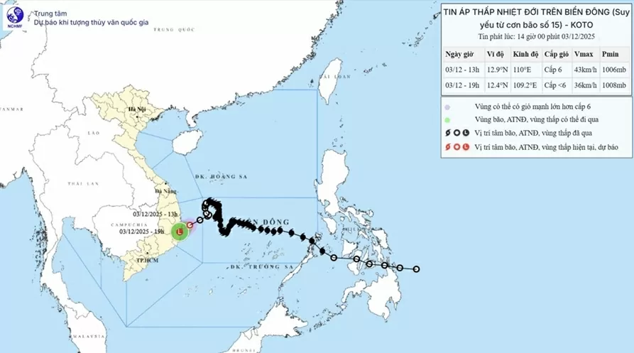 Áp thấp nhiệt đới gió cấp 6, giật cấp 8, di chuyển trên vùng biển Đắk Lắk - Khánh Hòa