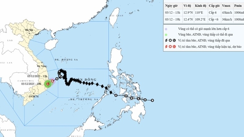 Áp thấp nhiệt đới gió cấp 6, giật cấp 8, di chuyển trên vùng biển Đắk Lắk - Khánh Hòa