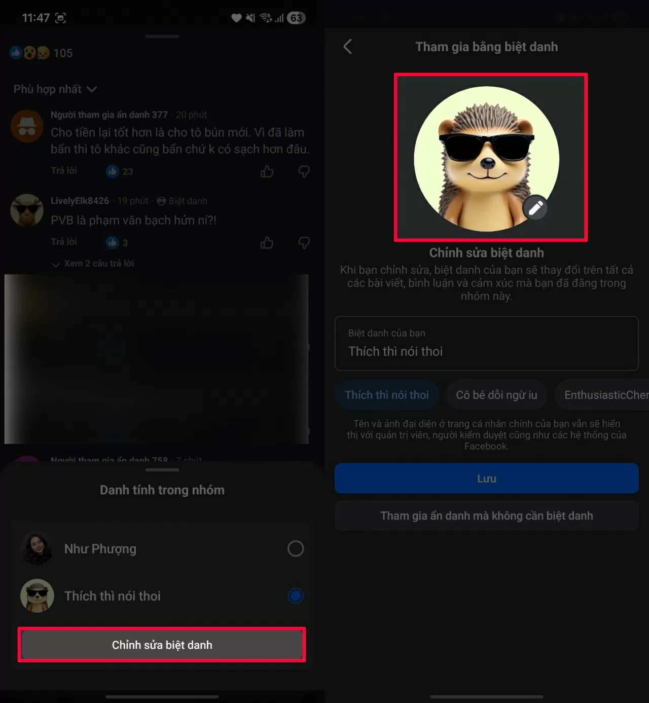 Chọn Tài khoản ẩn danh của bạn, sau đó nhấn vào Chỉnh sửa biệt danh.