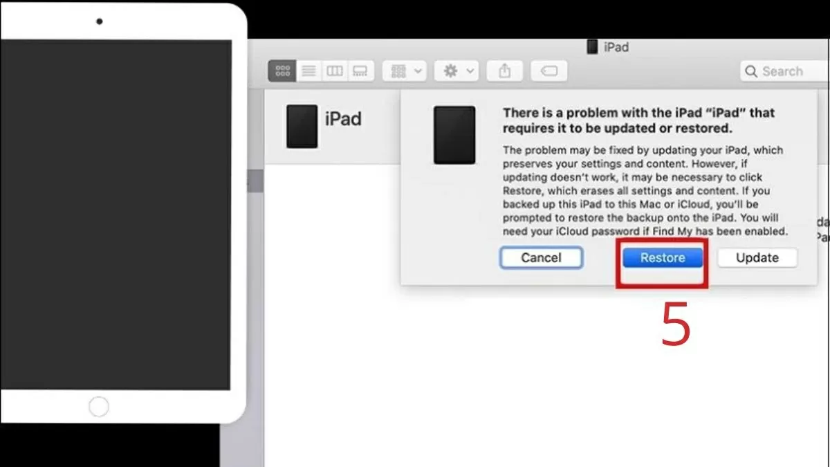 Khôi phục iPad qua iTunes/Finder.